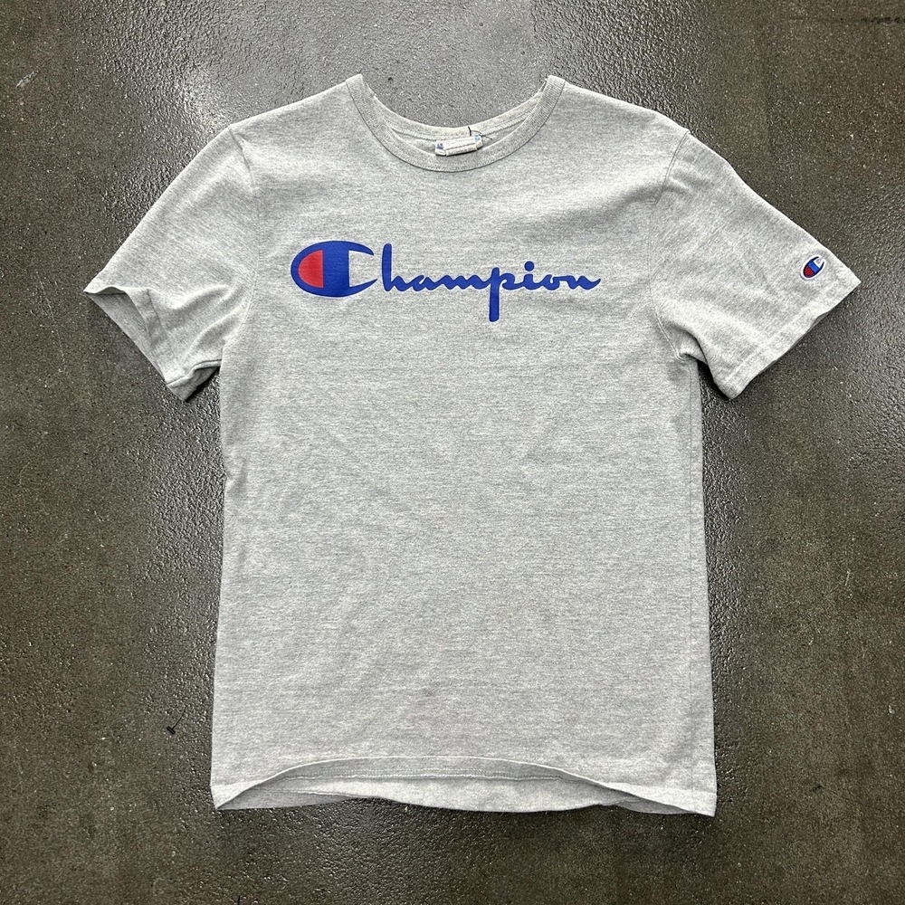 Champion Shirt Mens Small Gray Big Logo Short Sleeve Graphic Tee Casual